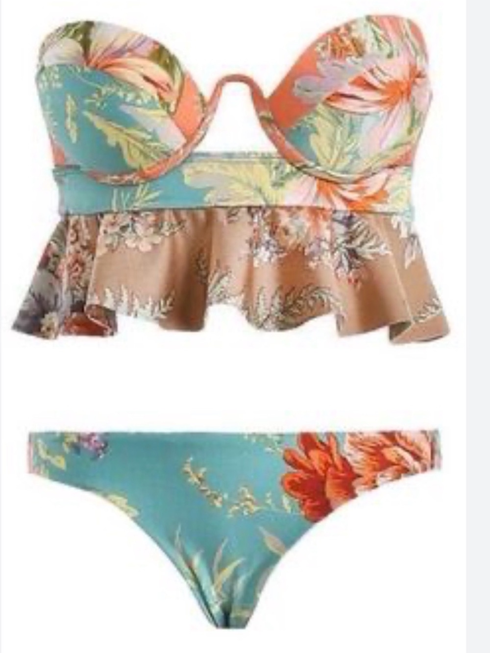 Zimmermann Floral Ruffled Bikini Top & Briefs in Aqua, Coral, Tan